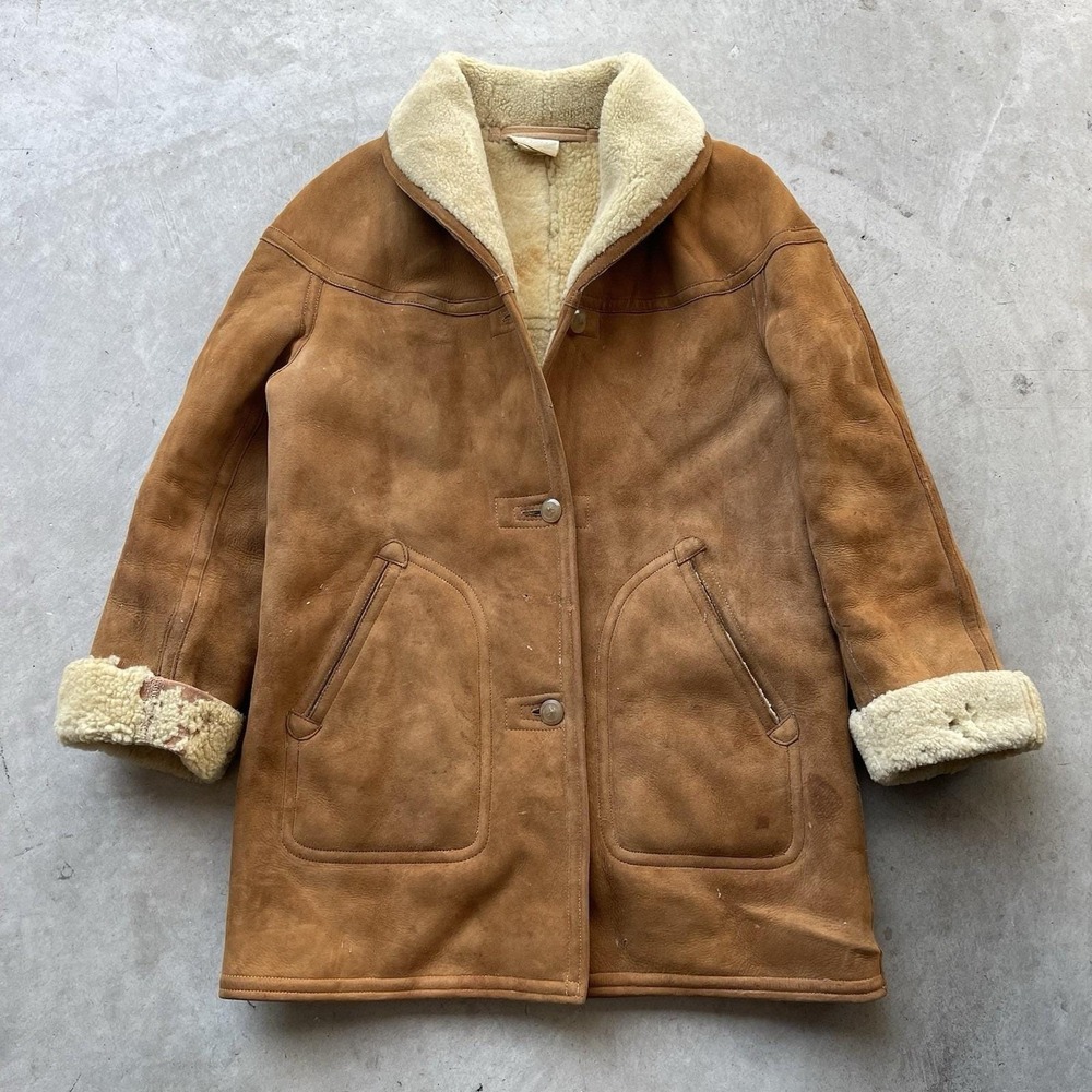 Vintage Henri Bendel British Shearling Coat Brown Suede Sherpa Jacket Size 42